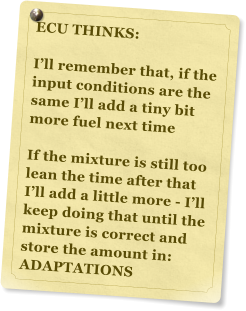 ECU THINKS:  I’ll remember that, if the input conditions are the same I’ll add a tiny bit more fuel next time   If the mixture is still too lean the time after that I’ll add a little more - I’ll keep doing that until the mixture is correct and store the amount in: ADAPTATIONS