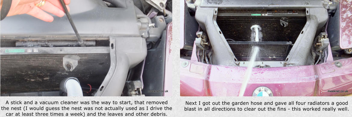A stick and a vacuum cleaner was the way to start, that removed the nest (I would guess the nest was not actually used as I drive the car at least three times a week) and the leaves and other debris. Next I got out the garden hose and gave all four radiators a good blast in all directions to clear out the fins - this worked really well.