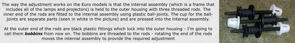 The way the adjustment works on the Euro models is that the internal assembly (which is a frame that includes all of the lamps and projectors) is held to the outer housing with three threaded rods. The inner end of the rods are fitted to the internal assembly using plastic ball-joints. The cup for the ball-joints are separate parts (seen in white in the picture) and are pressed into the internal assembly.  At the outer end of the rods are black plastic fittings which lock into the outer housing - Im going to call them bobbins from now on. The bobbins are threaded to the rods - rotating the end of the rods moves the internal assembly to provide the required adjustment