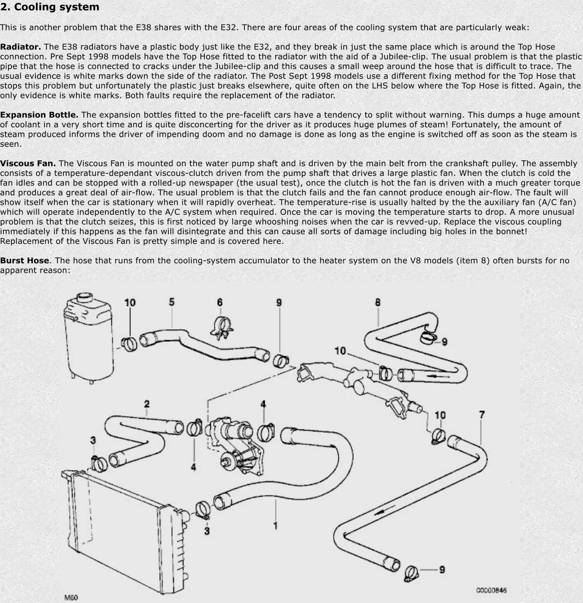 2. Cooling system  This is another problem that the E38 shares with the E32. There are four areas of the cooling system that are particularly weak:  Radiator. The E38 radiators have a plastic body just like the E32, and they break in just the same place which is around the Top Hose connection. Pre Sept 1998 models have the Top Hose fitted to the radiator with the aid of a Jubilee-clip. The usual problem is that the plastic pipe that the hose is connected to cracks under the Jubilee-clip and this causes a small weep around the hose that is difficult to trace. The usual evidence is white marks down the side of the radiator. The Post Sept 1998 models use a different fixing method for the Top Hose that stops this problem but unfortunately the plastic just breaks elsewhere, quite often on the LHS below where the Top Hose is fitted. Again, the only evidence is white marks. Both faults require the replacement of the radiator.  Expansion Bottle. The expansion bottles fitted to the pre-facelift cars have a tendency to split without warning. This dumps a huge amount of coolant in a very short time and is quite disconcerting for the driver as it produces huge plumes of steam! Fortunately, the amount of steam produced informs the driver of impending doom and no damage is done as long as the engine is switched off as soon as the steam is seen.  Viscous Fan. The Viscous Fan is mounted on the water pump shaft and is driven by the main belt from the crankshaft pulley. The assembly consists of a temperature-dependant viscous-clutch driven from the pump shaft that drives a large plastic fan. When the clutch is cold the fan idles and can be stopped with a rolled-up newspaper (the usual test), once the clutch is hot the fan is driven with a much greater torque and produces a great deal of air-flow. The usual problem is that the clutch fails and the fan cannot produce enough air-flow. The fault will show itself when the car is stationary when it will rapidly overheat. The temperature-rise is usually halted by the the auxiliary fan (A/C fan) which will operate independently to the A/C system when required. Once the car is moving the temperature starts to drop. A more unusual problem is that the clutch seizes, this is first noticed by large whooshing noises when the car is revved-up. Replace the viscous coupling immediately if this happens as the fan will disintegrate and this can cause all sorts of damage including big holes in the bonnet! Replacement of the Viscous Fan is pretty simple and is covered here.  Burst Hose. The hose that runs from the cooling-system accumulator to the heater system on the V8 models (item 8) often bursts for no apparent reason: