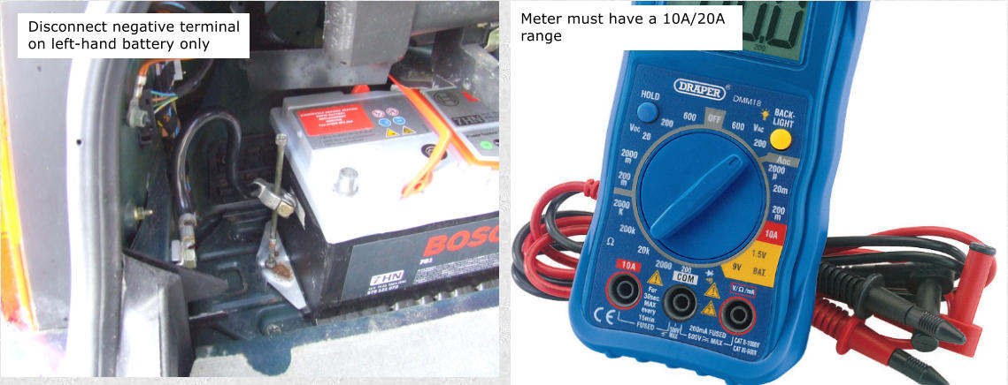 Disconnect negative terminal on left-hand battery only Meter must have a 10A/20A range