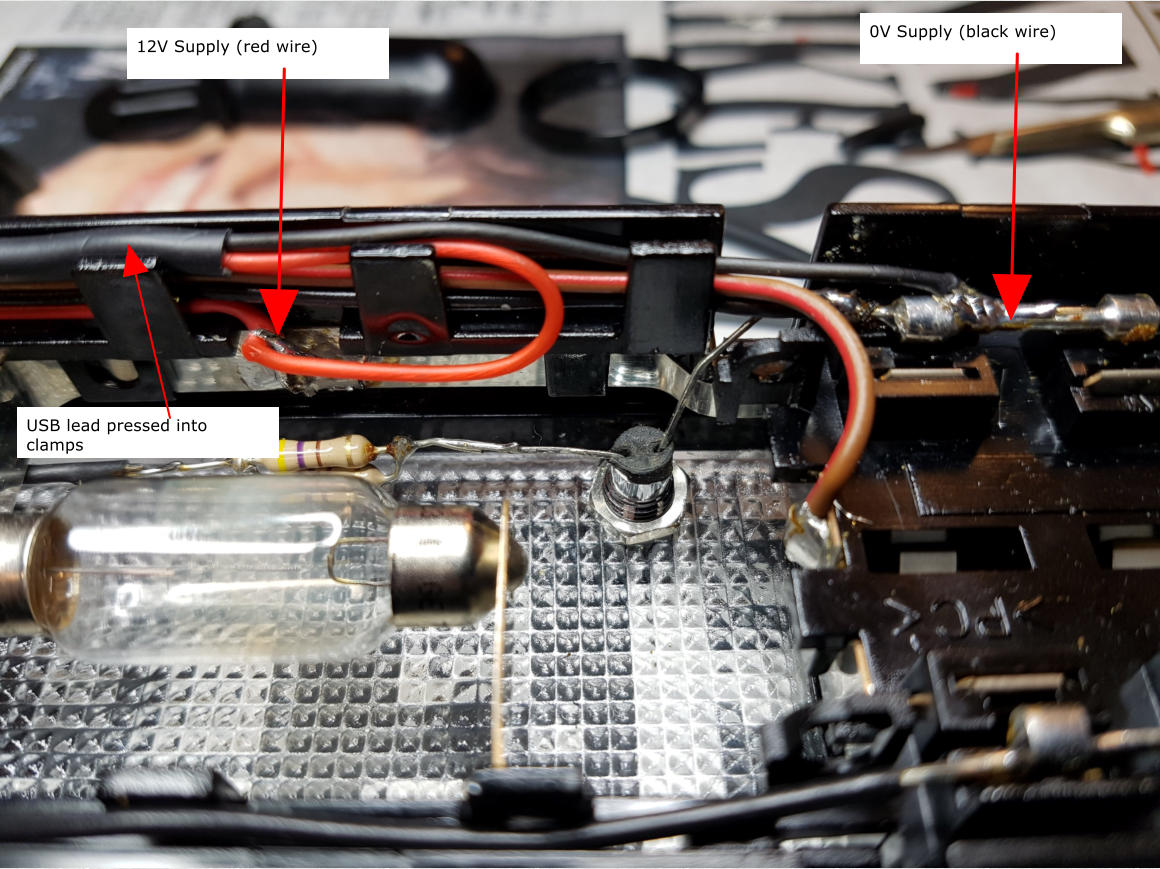 12V Supply (red wire) 0V Supply (black wire) USB lead pressed into clamps