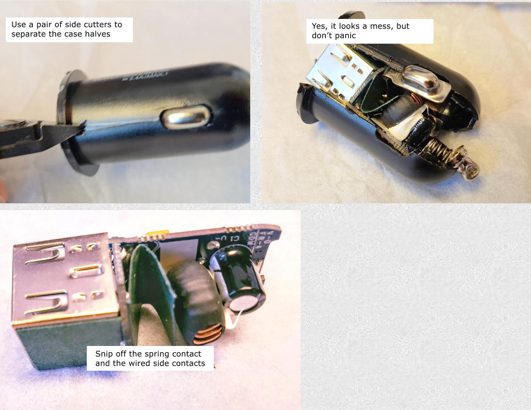 Use a pair of side cutters to separate the case halves Snip off the spring contact and the wired side contacts Yes, it looks a mess, but dont panic