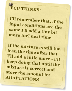 ECU THINKS:  Ill remember that, if the input conditions are the same Ill add a tiny bit more fuel next time   If the mixture is still too lean the time after that Ill add a little more - Ill keep doing that until the mixture is correct and store the amount in: ADAPTATIONS